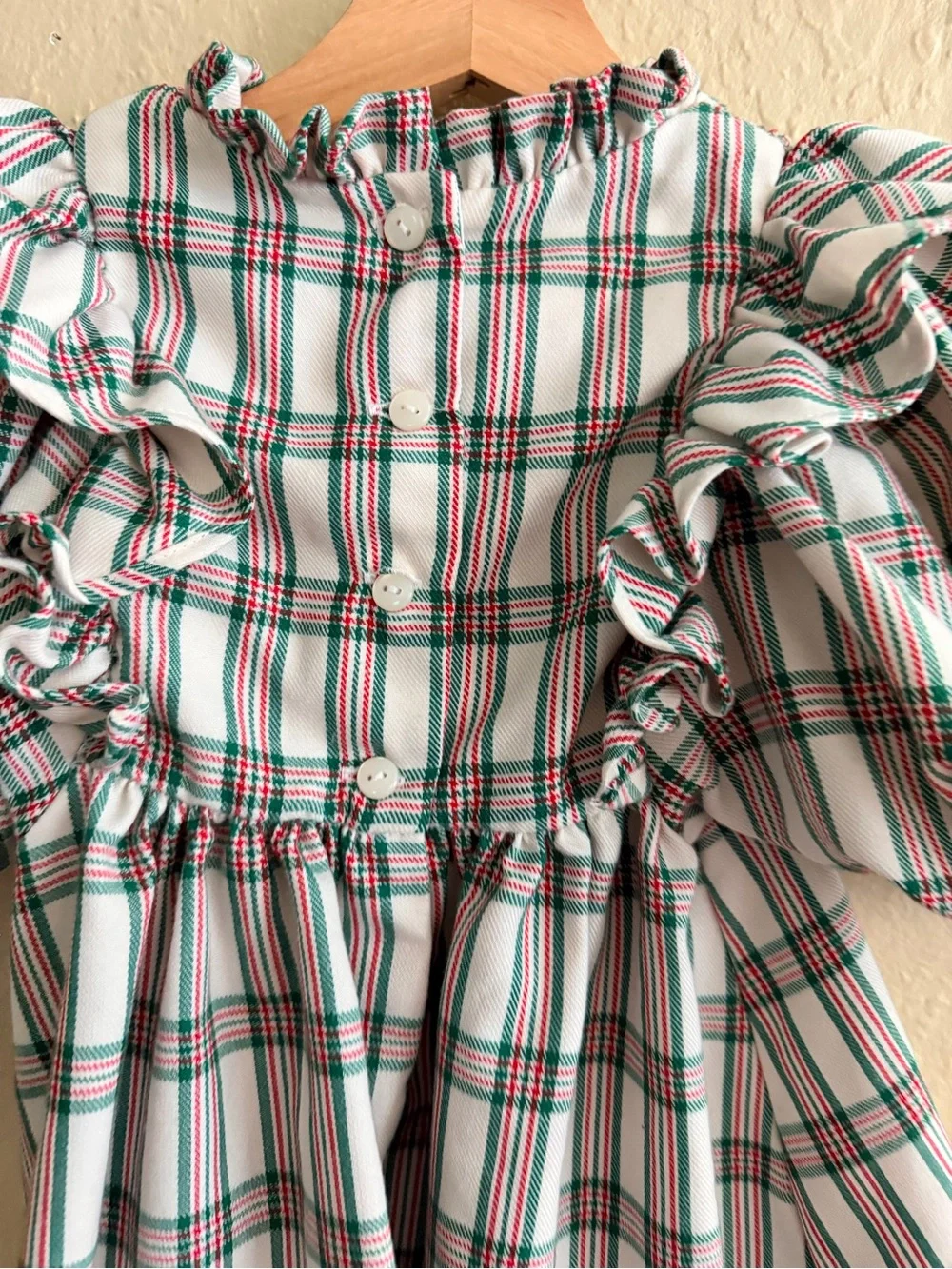 Bonnie Jean Cream Dress with Red & Green Plaid Smocking